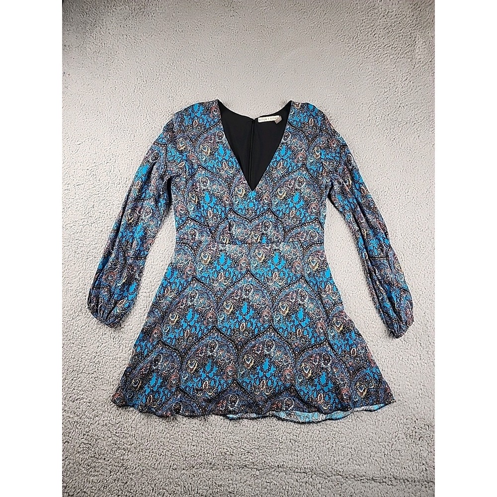 Alice + Olivia Dress 8 Blue Paisley Flare Mini Babydoll Festival Tiered Cary